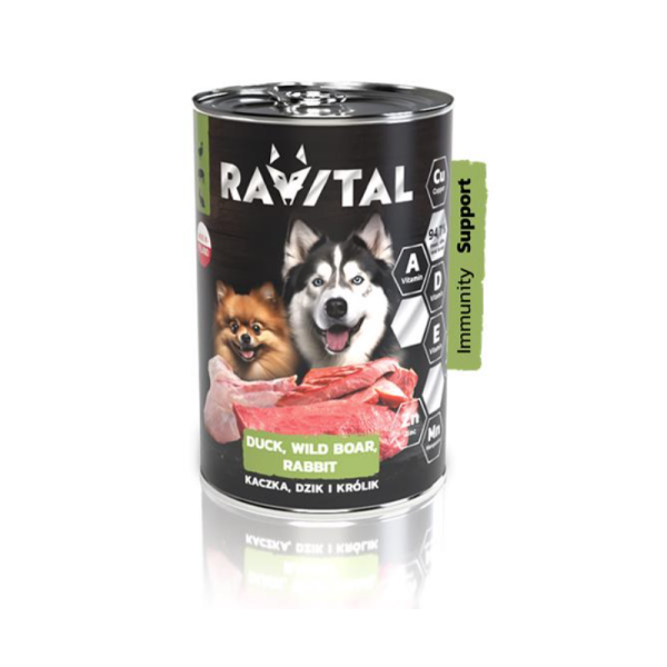 RAVITAL 800g Dose Hundefutter für erwachsene Hunde aller Rassen mit Ente, Wildschwein und Kaninchen