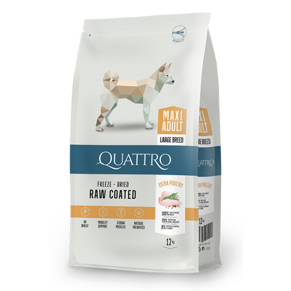 QUATTRO Hundetrockenfutter Super Premium speziell für ausgewachsene, gro?e Hunderassen Gefl?gel 12kg Sack